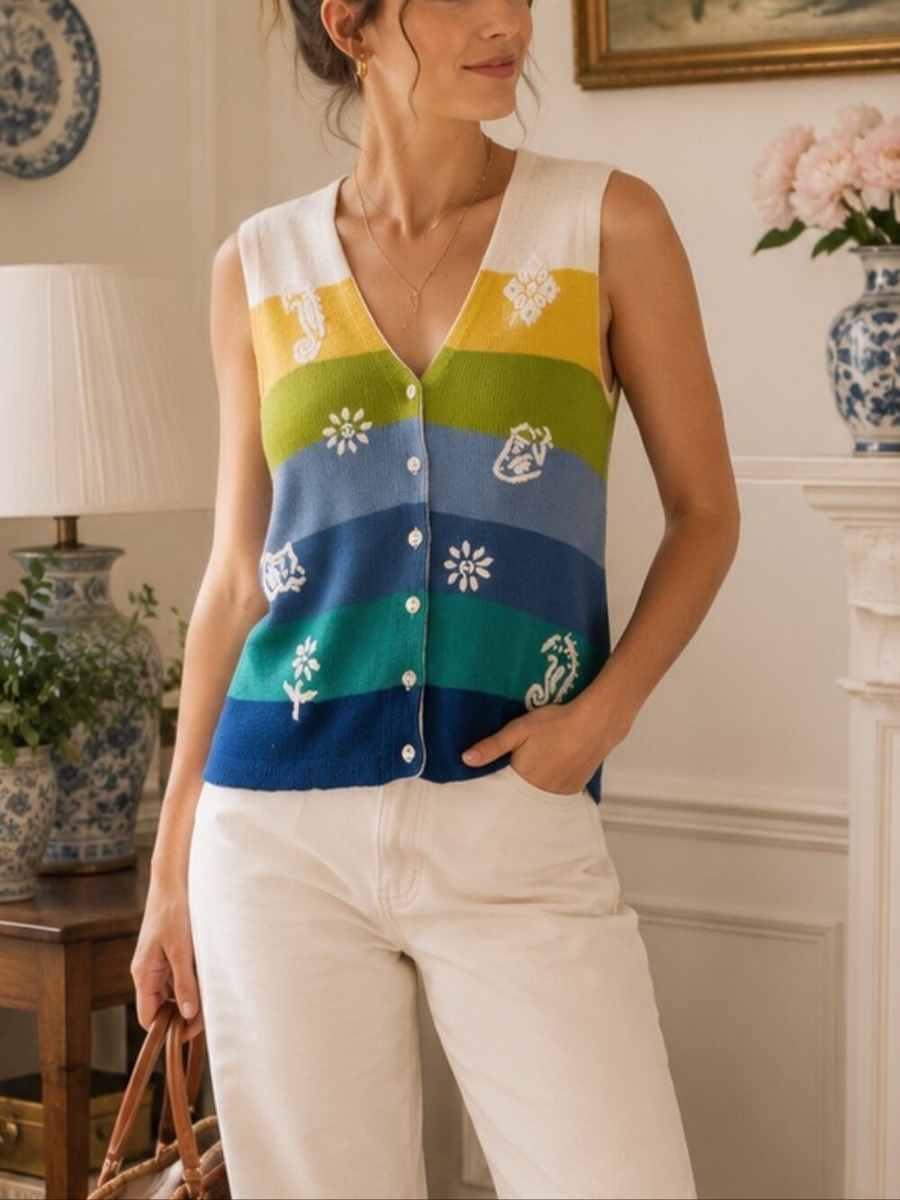 Tabi International 100% Cotton Striped Knit Vest Cardigan Large